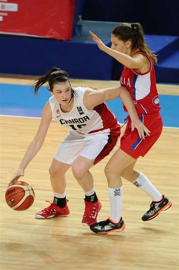 Chatham's Bridget Carleton plays for Team Canada vs. Serbia during the FIBA 19U World Women's Championships in Russia. (Photo courtesy of FIBA.)