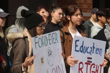 University of Windsor students participate in a rally coinciding with a walkout to protest planned OSAP cuts at the CAW Student Centre, March 20, 2019. Photo by Mark Brown/Blackburn News.