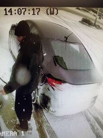 Police are seeking public assistance identifying this man and his vehicle in connection with a stolen gas investigation.  February 15, 2019. (Photo courtesy of Chatham-Kent police)