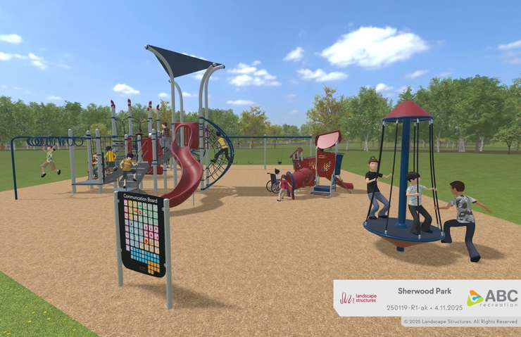 An artist rendering of new playground equipment at Sherwood Park. Landscape Structures image created for ABC Recreation courtesy of City of Sarnia.