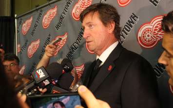 Wayne Gretzky speaks to media during the funeral visitation for Gordie Howe, June 14, 2016. (Photo by Maureen Revait) 