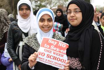 Protesters demonstrate against Ontario's new sex education curriculum outside Northwood Public School May 5, 2015.  (Photo by Adelle Loiselle)