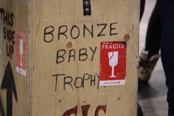 Windsor Lancers women's basketball team national championship trophy arrives at Windsor airport. (Photo by Jason Viau)