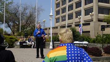 Sarnia Mayor Mike Bradley speaking at a flag raising ceremony at the Seaway Centre Parkette in Sarnia. May 31, 2019. (Photo by Colin Gowdy, BlackburnNews)