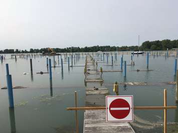 Lakeview Park Marina has been closed this season due to dangerously high water levels submerging the current wooden docks and hydro boxes. July 8, 2019. (Photo by Paul Pedro)