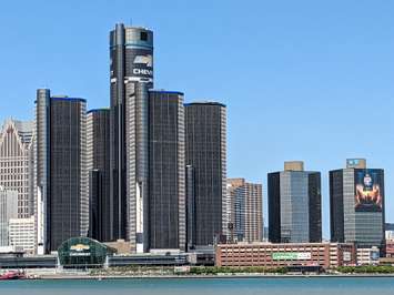 The GM Renaissance Center in Detroit is seen with art promoting the Chevrolet Detroit Grand Prix presented by Lear, May 25, 2023. Photo by Mark Brown/WindsorNewsToday.ca.