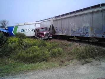 A tractor trailver involved in crash with a train east of Mitchell on August 28, 2017. (Submitted photo by OPP)