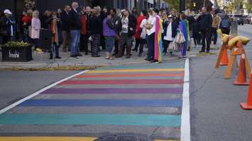 Rainbow crosswalk at the intersection of Christina Street and Lochiel Street in Sarnia. October 17, 2019. (BlackburnNews.com photo by Colin Gowdy)