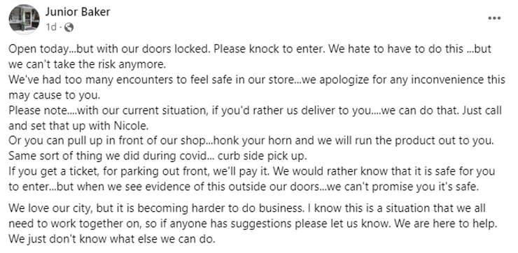 Junior Baker notifies customers that its doors will be locked at the Lochiel Street business, due to safety concerns. Image courtesy of the bakery's Facebook page.