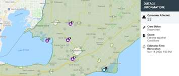 Hydro One Outage Map. November 18, 2020. (Photo courtesy of Hydro One)