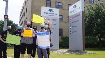 A group of Sarnia-Lambton healthcare workers rallying at Bluewater Health's Sarnia site, demanding pandemic pay be given to all hospital professionals. 10 June 2020. (BlackburnNews.com photo by Colin Gowdy)
