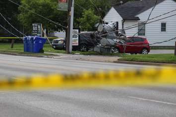 A pole fire causes a transformer to fall on Tecumseh Rd. at Southfield Dr. in Tecumseh, June 18, 2015. (Photo by Jason Viau)