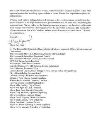 A letter from the Village of Point Edward to the Federal Government on the need for bail reform. January 2023. 