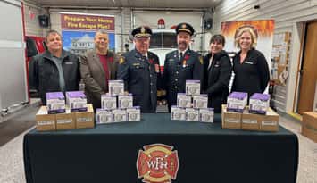 Pictured L-R: Trevor Jarrett, CAO/Treasurer, Warwick Township Mayor Todd Case, Warwick Fire Chief Brad Goodhill, Deputy Fire Chief Cam Turner, Megan Shannon, Advisor, Municipal Engagement and Suzanne Shea, Manager, Municipal and Stakeholder Affairs at Enbridge Gas. Submitted.