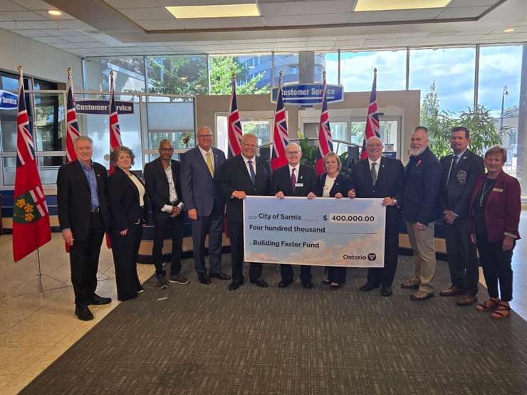 Provincial and city representatives at Building Faster Fund cheque presentation - August 21/25 (Sarnia News Today photo by Josh Boyce)
