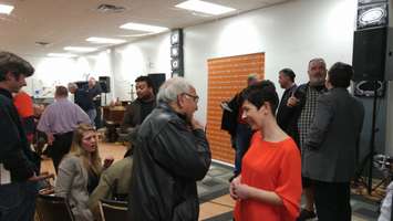 NDP candidate Kathy Alexander speaks with a Sarnia-Lambton resident during a nomination meeting. April 17, 2018. (Photo by Colin Gowdy)