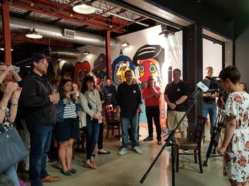 Kathy Alexander addresses NDP party faithful at The Refined Fool June 7, 2018 (BlackburnNews.com photo by Stephanie Chaves)