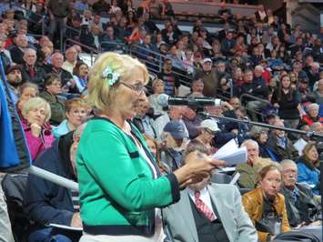 Helen Reardon speaks in favour of the current BRT plan at a public participation meeting at Budweiser Gardens, May 3, 2017. (Photo by Miranda Chant, Blackburn News) 