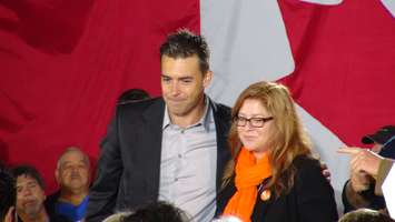 Chatham-Kent-Leamington NDP candidate Tony Walsh and Essex candidate Tracey Ramsey during NDP Leader Tom Mulcair's visit to the Town of Essex, October 4, 2015. (Photo by Jake Kislinsky)