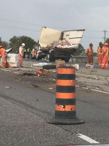 WB Hwy 402 Crash. BlackburnNews.com Photo by  Lisa Atkinson. 