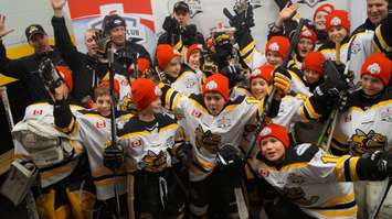 Major Atom Lambton Sting AAA surprised with the Stanley Cup before practice. Dec.16, 2015. Photo by Jake Jeffrey (blackburnnews.com)