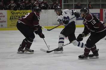 The Chatham Maroons battle the London Nationals, January 25, 2015.  (Photo courtesy of Jocelyn McLaughlin)