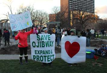Protesters gather at City Hall Square in Windsor to bring awareness to the campaign to help protect the Ojibway Nature Reserve, January 4, 2016 (Photo by Maureen Revait). 