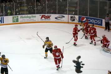Anthony DeAngelo celebrates scoring the Teddy Bear Toss goal Dec. 7, 2014 (BlackburnNews.com photo by Dave Dentinger)