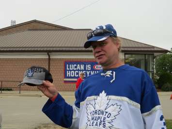 Dan Kalver shows off his newly autographed hat, signed by several Toronto Maple Leaf players arriving for Lucan Kraft Hockeyville, September 18, 2018. (Photo by Miranda Chant, Blackburn News)