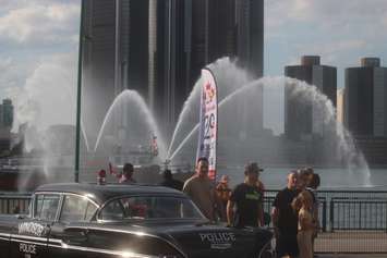 A Detroit Fire Department fireboat lets loose its hoses during the opening ceremonies of the CanAm Police Fire Games, July 26, 2022. Photo by Mark Brown/WindsorNewsToday.ca.