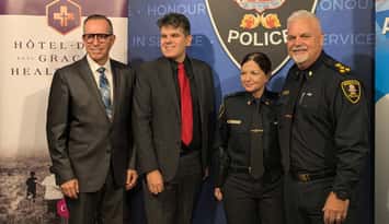 From left, Hotel-Dieu Grace Healthcare President and CEO Bill Marra, Windsor-Tecumseh MPP Andrew Dowie, Windsor Police Inspector Jen Crosby, and Police Chief Jason Crowley, announce a new youth crisis partnership at police headquarters, December 5, 2025. Photo by Mark Brown/WindsorNewsToday.ca.