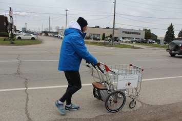 Joe Roberts walking into Chatham, pushing a shopping cart in his Push for Change campaign. November 28, 2016. (Photo by Natalia Vega)