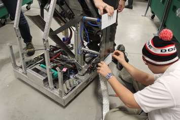 Members of the Chatham-Kent Cyber Pack test out their robot for the First Robotics Competition on February 19, 2019. (Photo by Allanah Wills)
