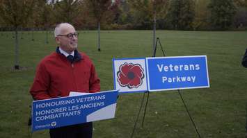 Tom St. Amand speaks during the Veterans Parkway sign unveiling in Heritage Park. October 16, 2019. (BlackburnNews.com photo by Colin Gowdy)