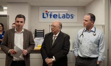 (From left to right) LifeLabs SVP Chris Carson, Sarnia-Lambton MPP Bob Bailey, Dr. Sean Peterson during the London Road site's grand opening. March 29, 2019. (Photo by Colin Gowdy, BlackburnNews)