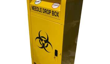 Chatham's new outdoor after hours needle disposal drop box. Oct. 24, 2017. (Photo courtesy of AIDS Support CK)