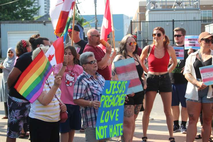 Protestors and counter-protestors outside the Greater Essex County District School Board, June 20, 2023. Photo by Mark Brown/WindsorNewsToday.ca.
