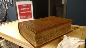 A bible dating back to 1585 is displayed at the Windsor Public Library's Central branch on September 19, 2017. Photo by Mark Brown/Blackburn News.