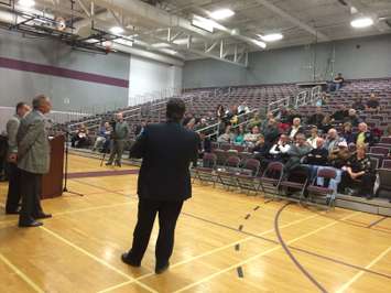 David Musyj (R), Gary Switzer (C) and Dave Cooke (L) host an information meeting on a new mega-hospital for WIndsor-Essex at Migration Hall in Kingsville on February 10, 2015. (Photo by Ricardo Veneza)