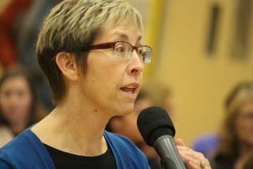 Peggy Thompson speaks at a meeting  about the public board reviewing several area schools. (Photo by Jason Viau)