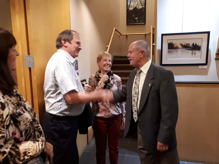 Brad Loosley thanks a Petrolia resident after being elected mayor. October 22, 2018. (Photo by Colin Gowdy, BlackburnNews)
