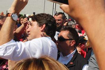 Prime Minister Justin Trudeau wades through the crowd at Leamington's Canada Day celebrations, July 1, 2018 (Photo by Adelle Loiselle)