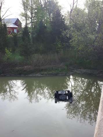 A car that ended up in the waterway just east of Airport Rd. near Jackson Rd. May 21, 2018. (Photo sent to BlackburnNews from unknown source)