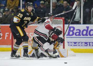 Connor Schlichting battles with a Storm player in front of the Sarnia net. March 10, 2018. (Photo courtesy of Metcalfe photography)