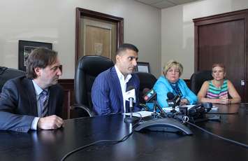 City Planner Thom Hunt, Mayor Eddie Francis, CAO Helga Reidel and City clerk Valerie Critchley at a news conference announcing organizational changes within the City of Windsor organization, July 9, 2014. (Photo by Maureen Revait) 
