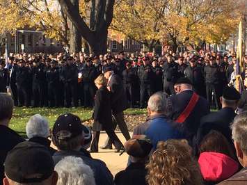 Corporal Brent Poland's mother lays a wreath at Veteran's Park in Sarnia. November 11, 2014 (BlackburnNews.com photo by Sue Storr)