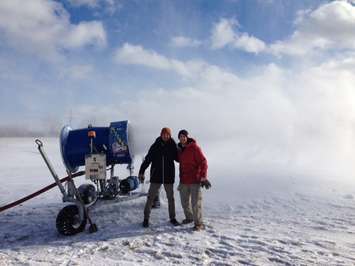 David Ouellette and Tim Nixon with Boarder Pass. The company is constructing Ontario's first cable snow park near Lambton College. January, 2015 (BlackburnNews.com photo by Melanie Irwin)