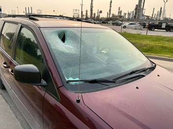 A van's windshield after a being hit by a   rock. 5 June 2023. (Submitted Photo)