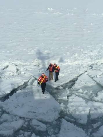The crew of Coast Guard Cutter Neah Bay, home-ported in Cleveland, rescued a 25-year-old man attempting to walk across Lake St. Clair, March 5, 2015.
The crew is transporting the man, a U.S. citizen who was hypothermic, back to shore in Algonac, Mich., where they will be met by emergency medical services.
U.S. Coast Guard photo by Lt. Josh Zike