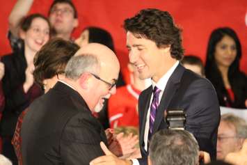 Federal Liberal Leader Justin Trudeau speaks with Tecumseh mayor Gary McNamara at a rally in Windsor on January 21, 2015. (Photo by Jason Viau)